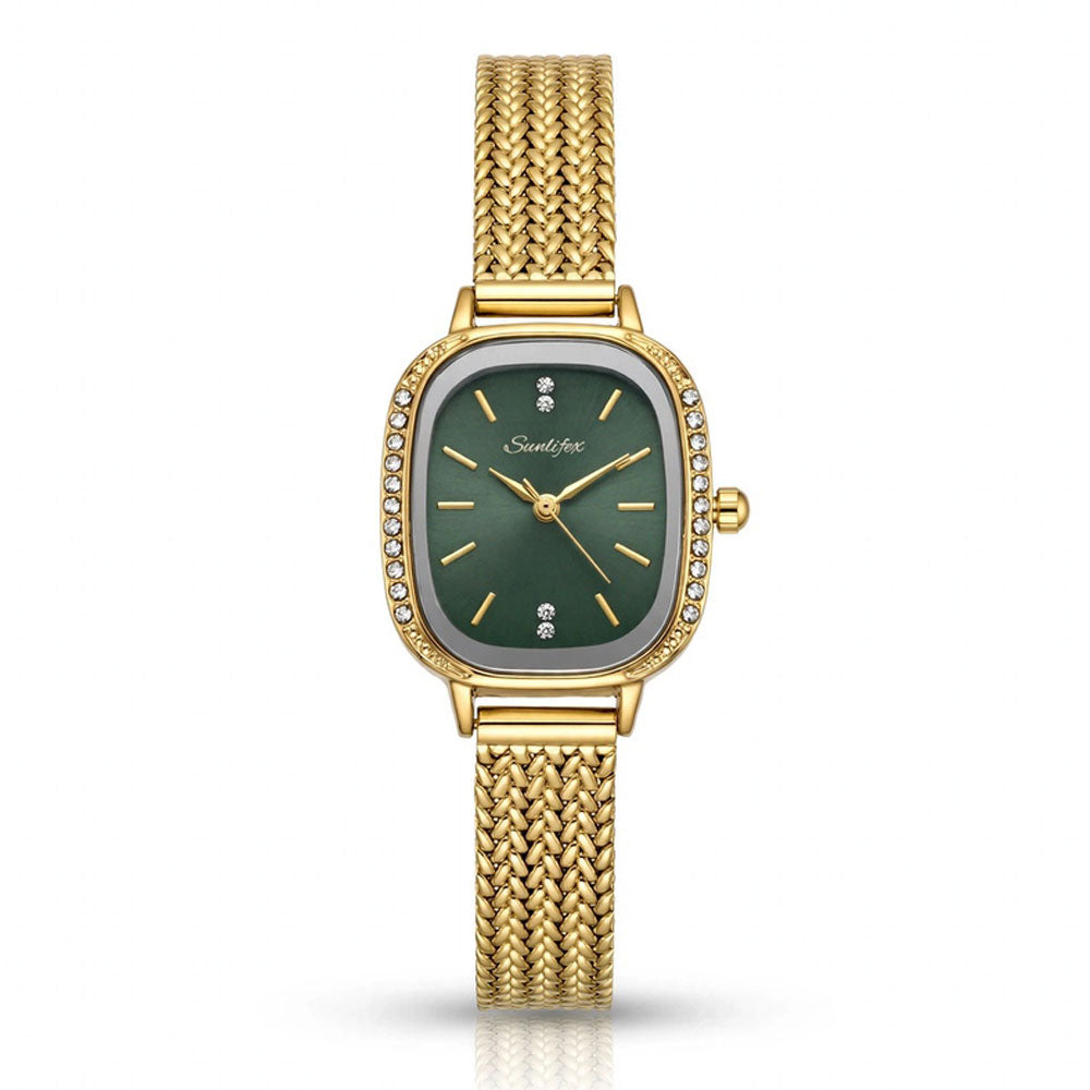 Sunlifex Women's Vintage Square Watch – Green dial Gold Mesh Strap