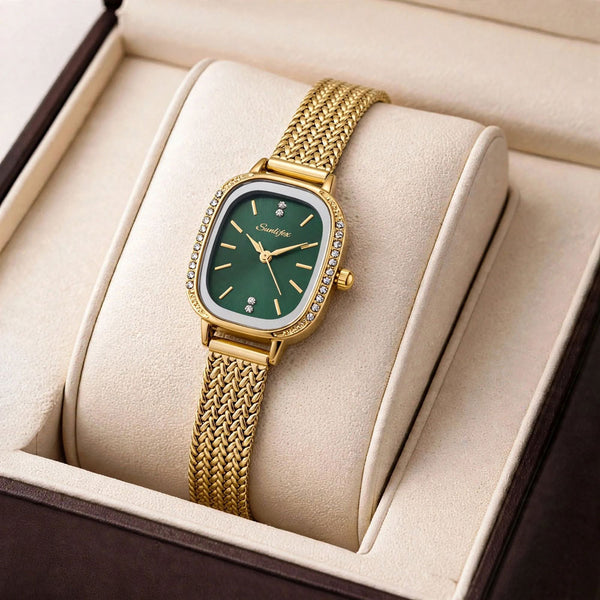 Sunlifex Women's Vintage Square Watch – Green dial Gold Mesh Strap