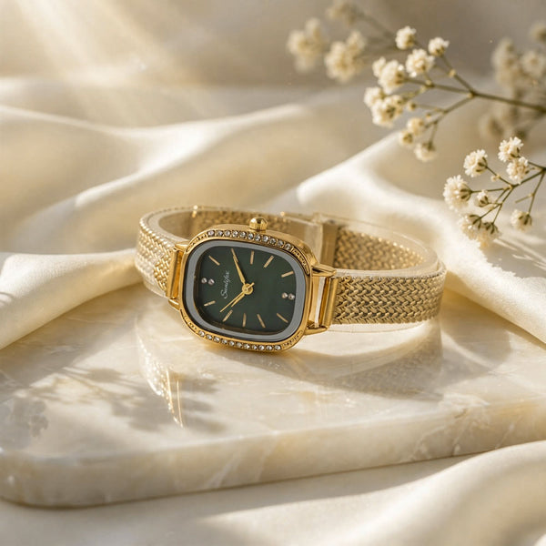 Sunlifex Women's Vintage Square Watch – Green dial Gold Mesh Strap