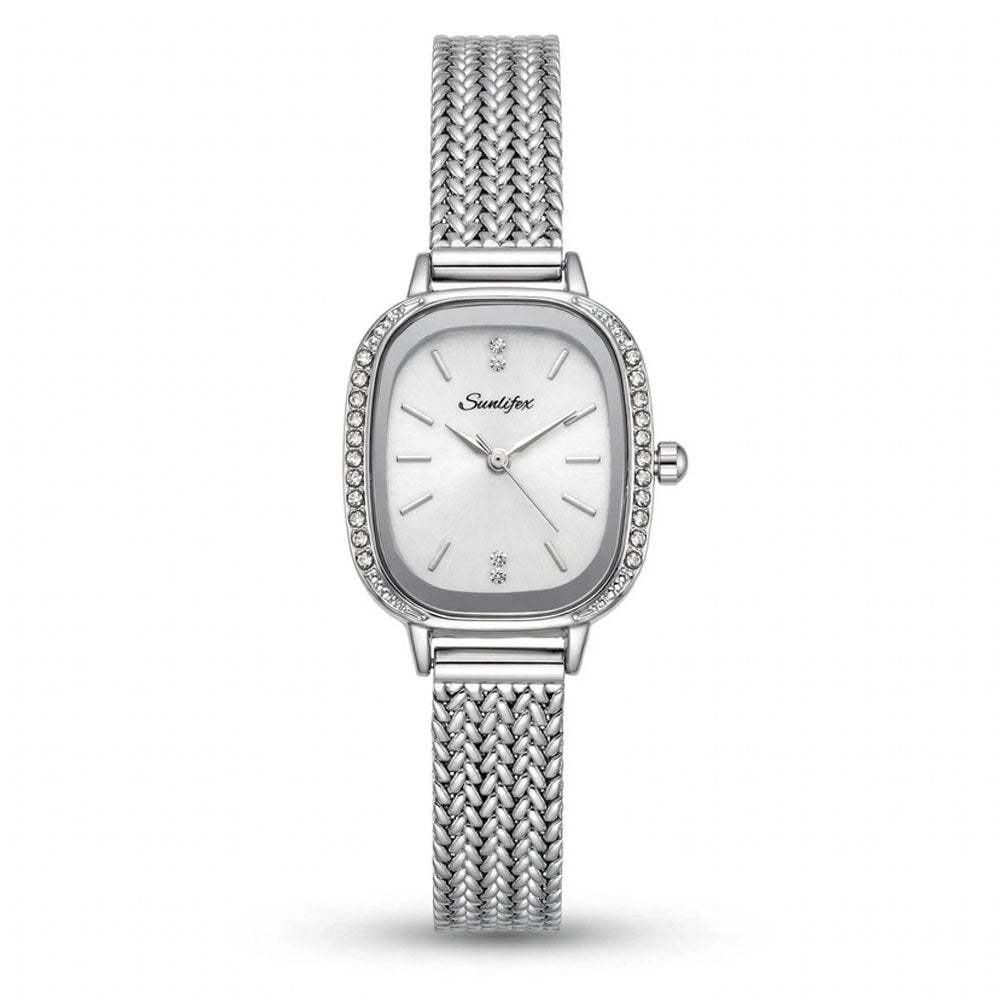 Sunlifex Women's Vintage Square Watch – White dial Silver Mesh Strap Main image