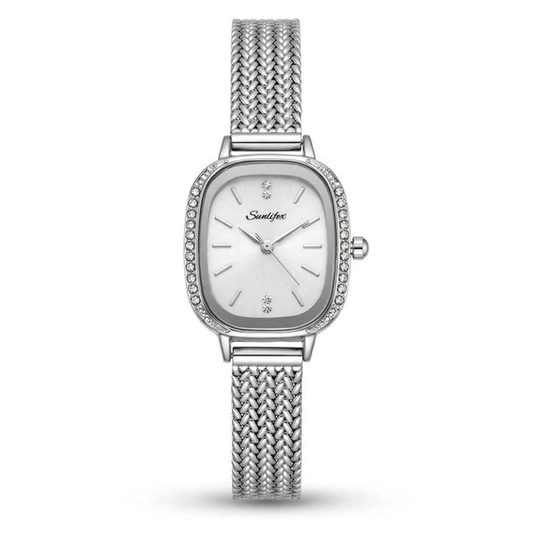 Sunlifex Women's Vintage Square Watch – White dial Silver Mesh Strap