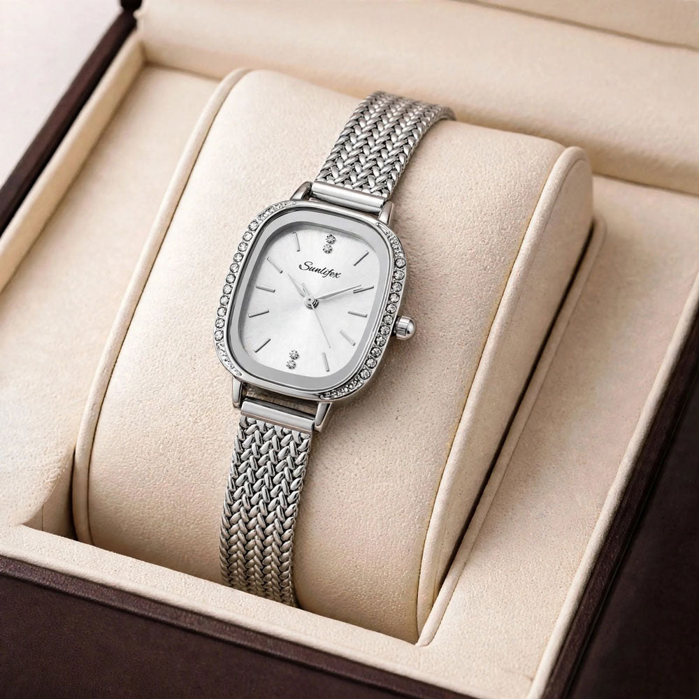 Sunlifex Women's Vintage Square Watch – White dial Silver Mesh Strap Secondary image