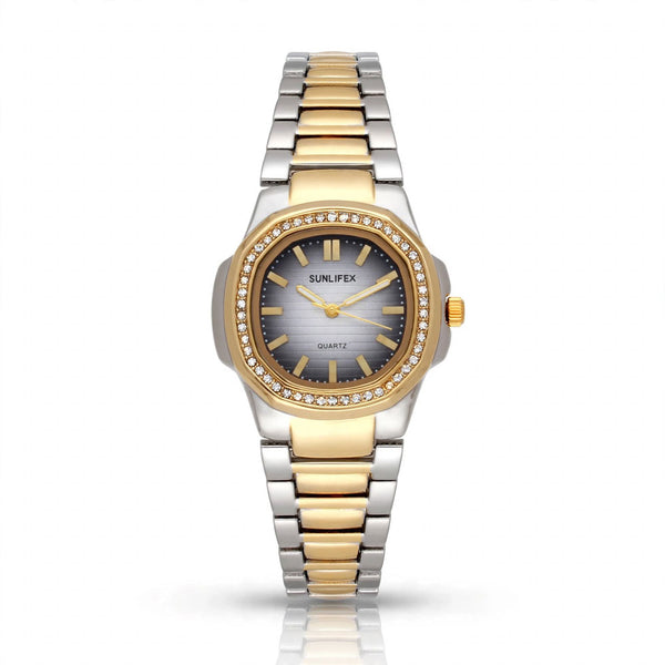Sunlifex Two-Tone Diamond Watch for Women – Silver Gold – Grey Dial