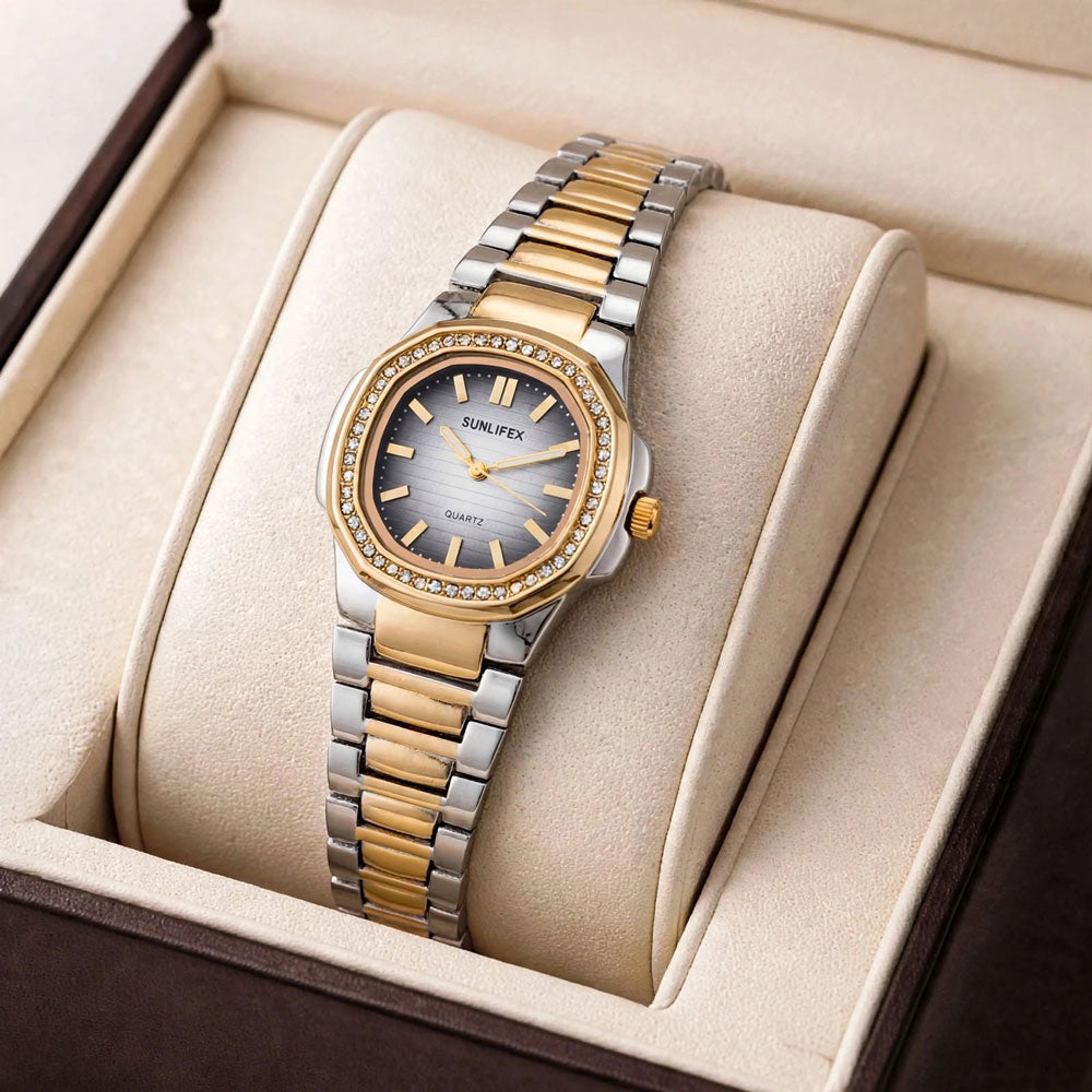 Sunlifex Two-Tone Diamond Watch for Women – Silver Gold – Grey Dial