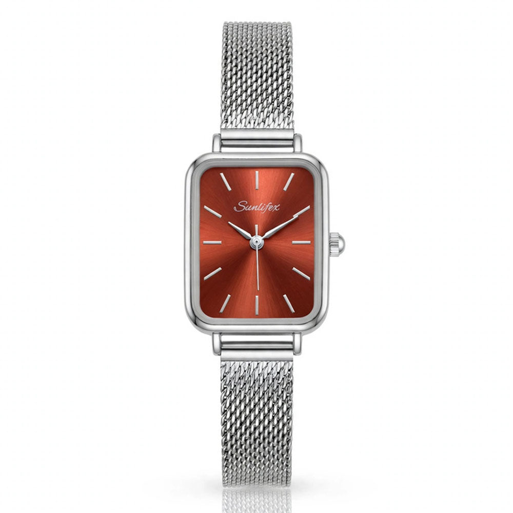 Sunlifex Women's Vintage Square Watch – Red dial Silver Mesh Strap