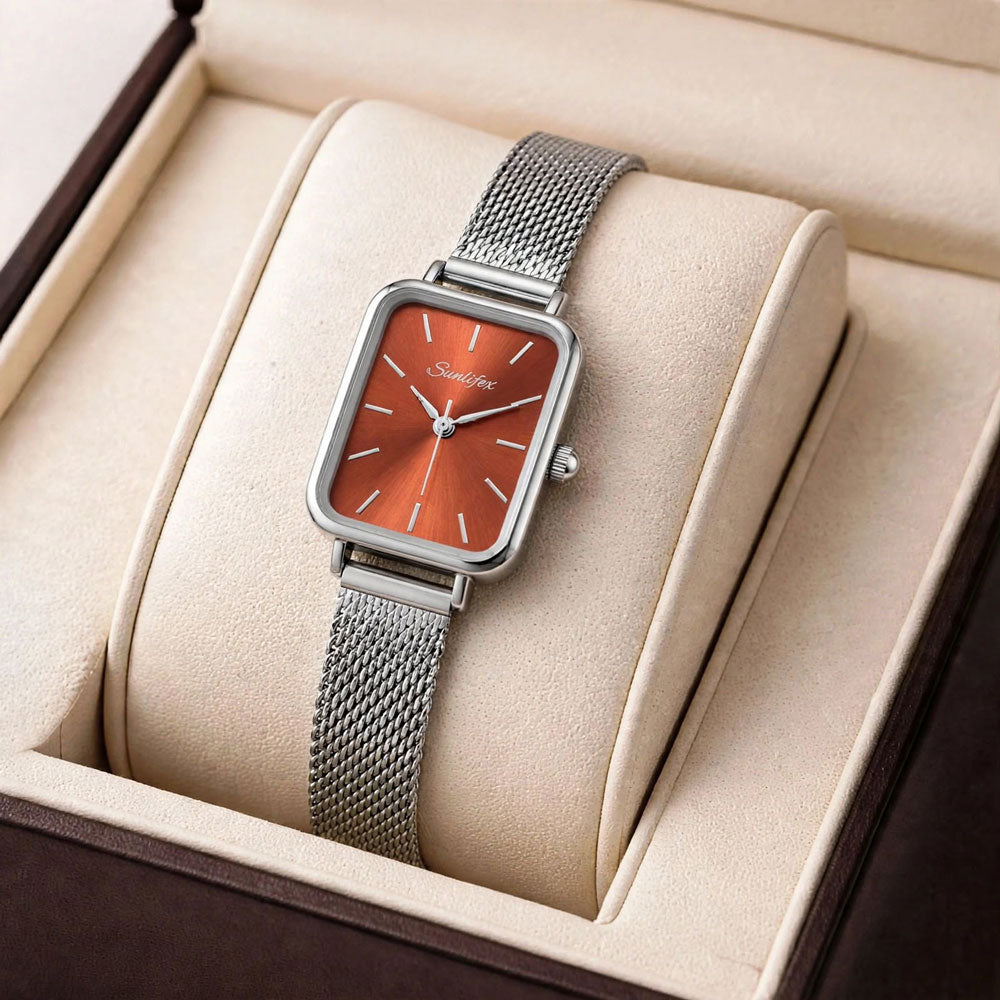 Sunlifex Women's Vintage Square Watch – Red dial Silver Mesh Strap