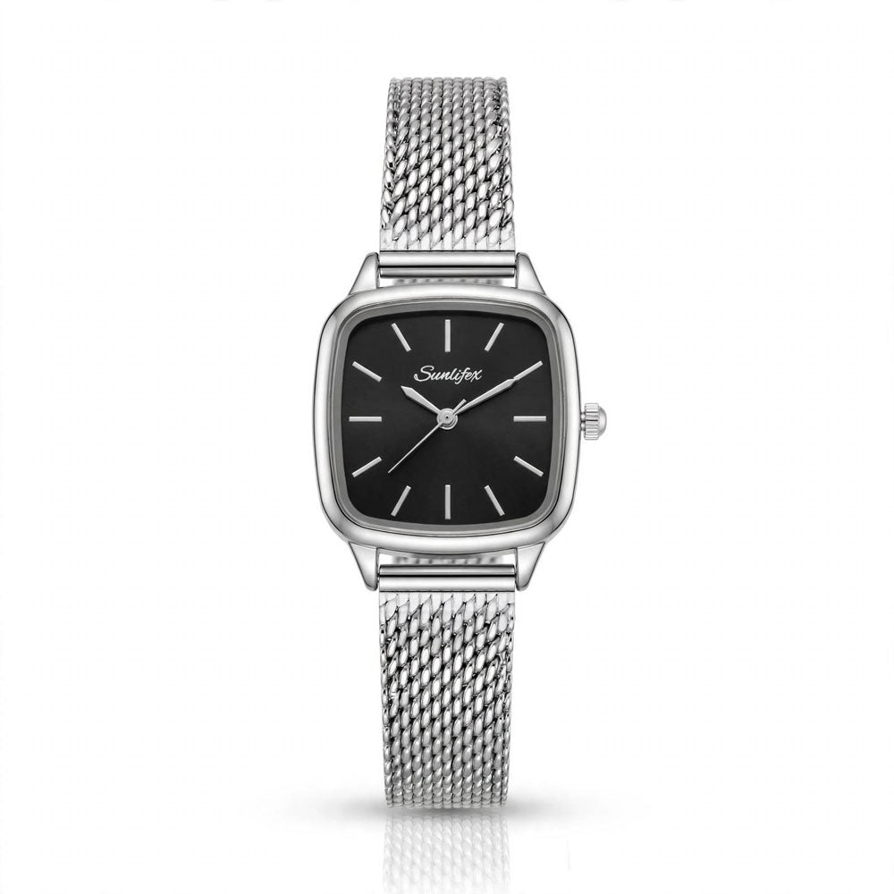 Sunlifex Women's Vintage Square Watch – Black-dial Silver Mesh Strap