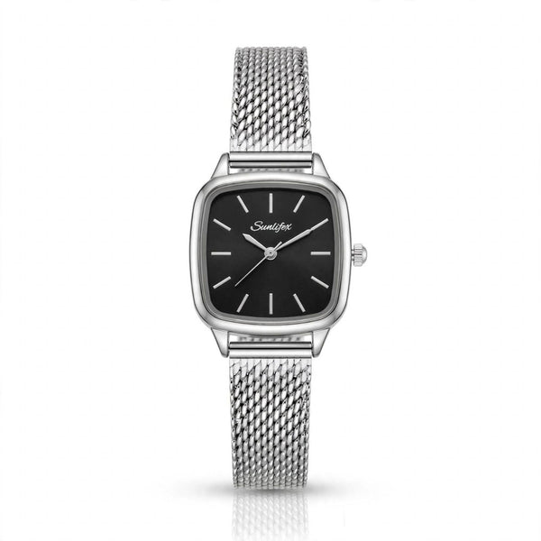 Sunlifex Women's Vintage Square Watch – Black-dial Silver Mesh Strap