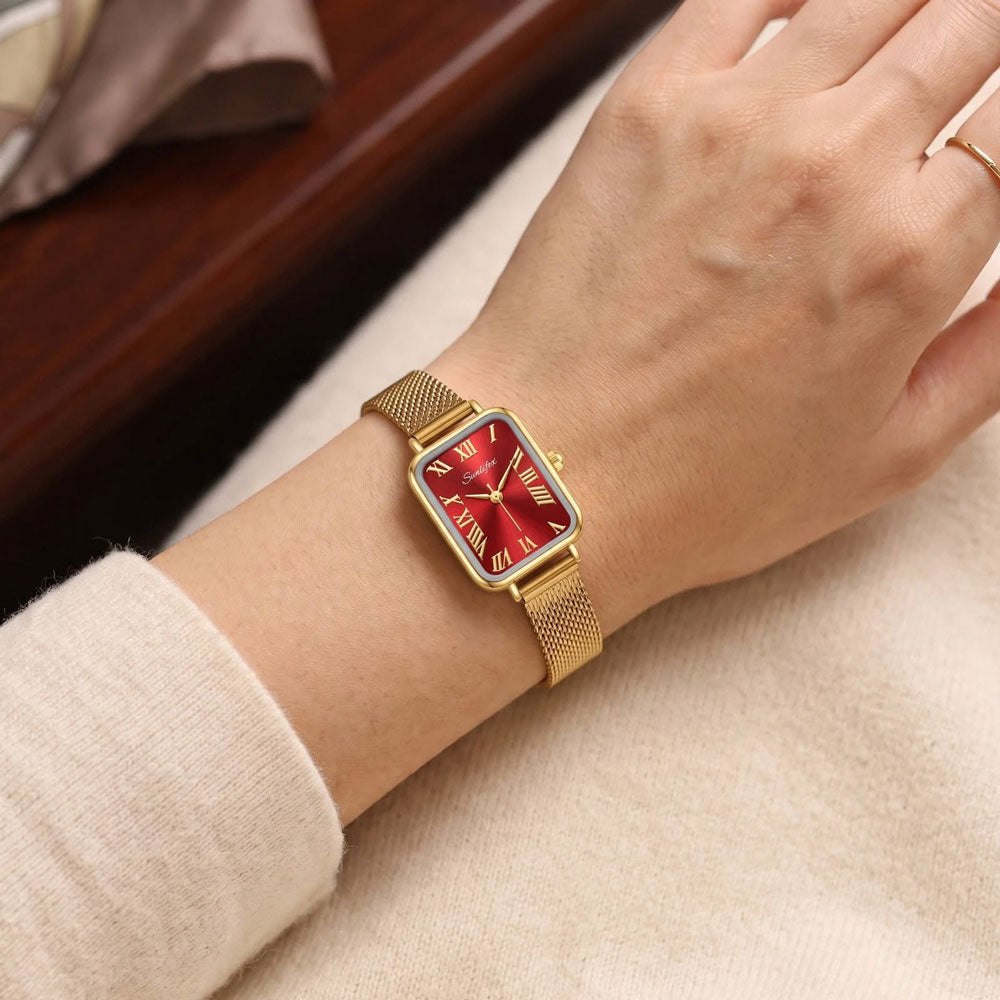 Sunlifex Women's Vintage Square Watch – Red dial Gold Mesh Strap