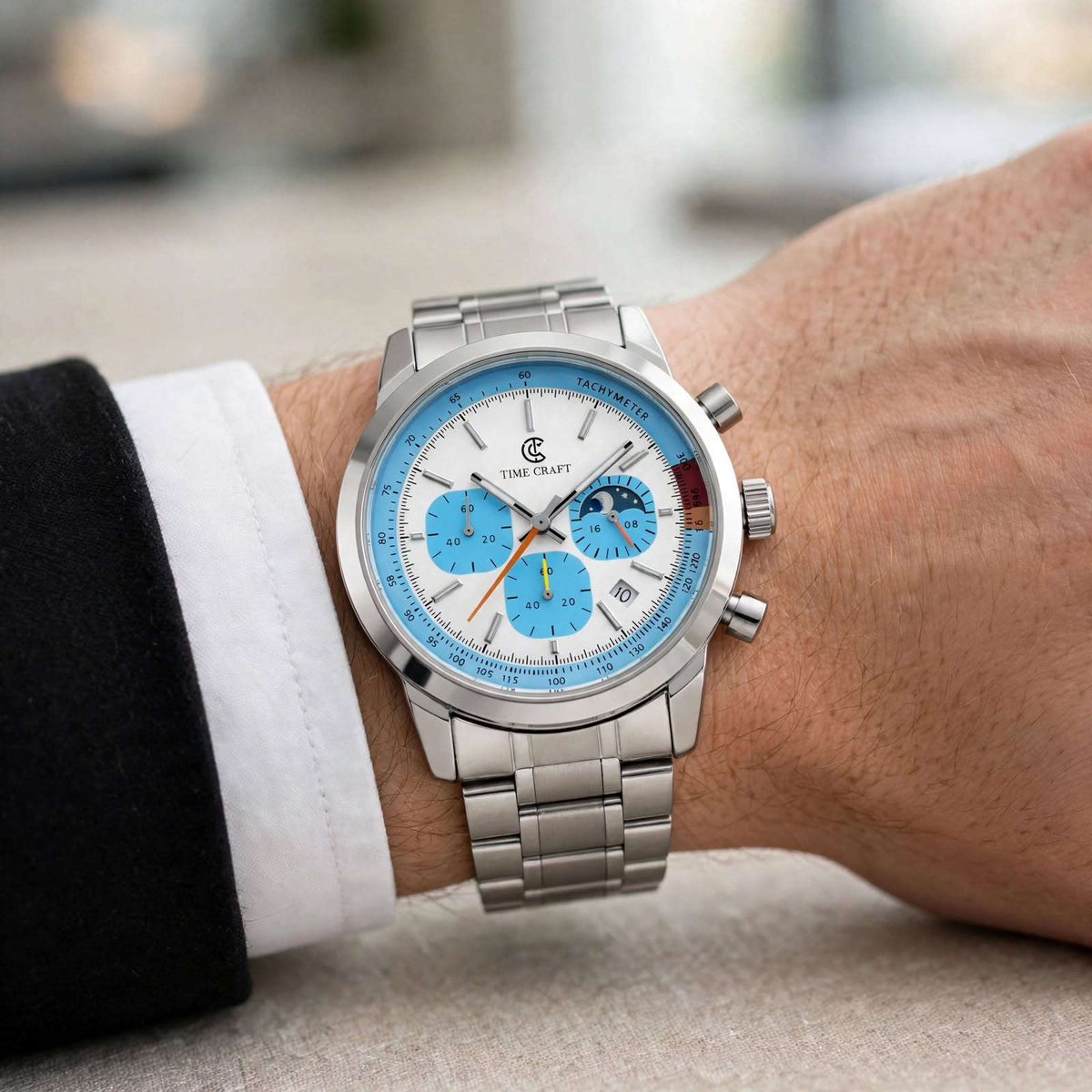 Time Craft TC-1615WB Chronograph white Dial silver Chain Watch