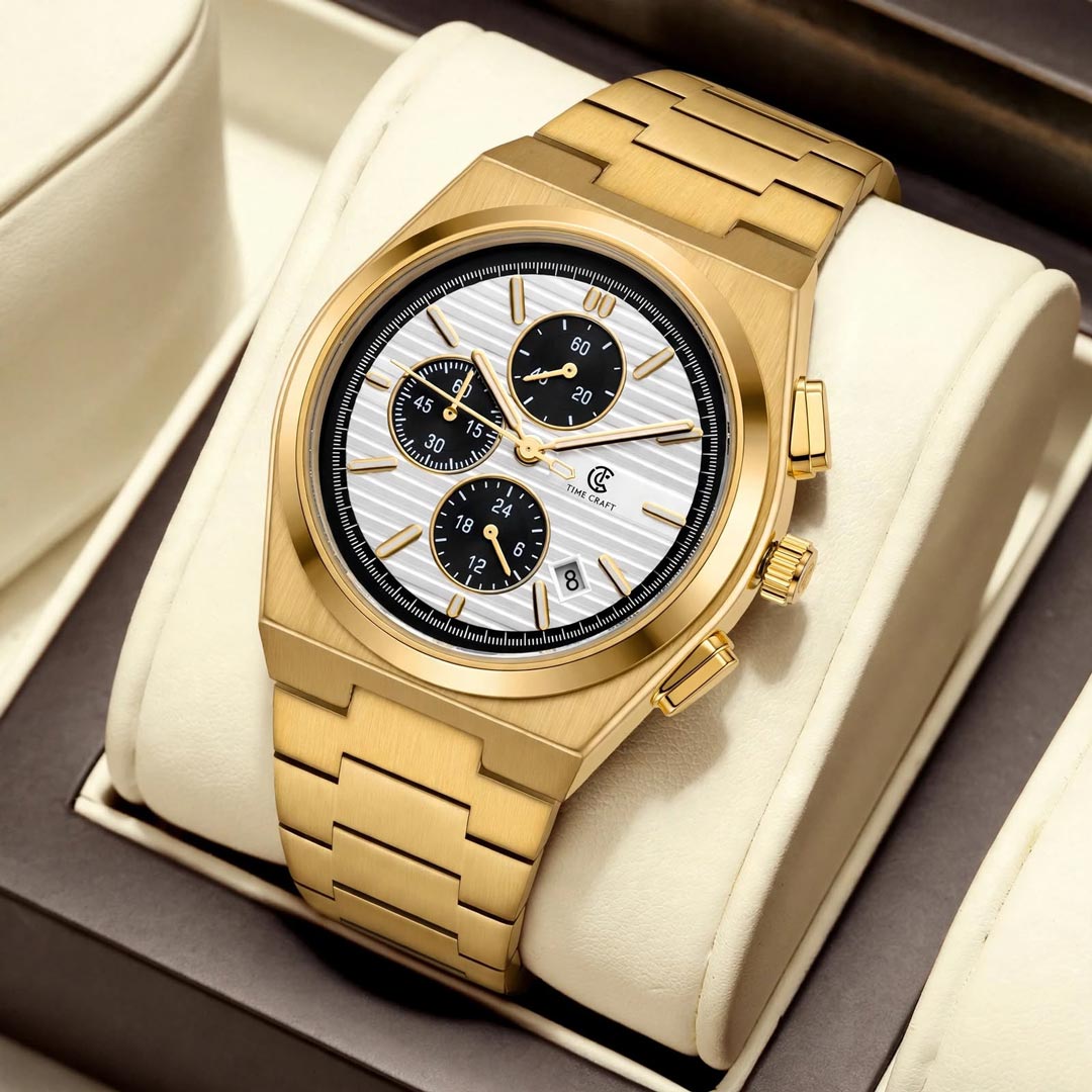 Time Craft PRX TC-1635GW Chronograph White Dial Gold Chain Watch