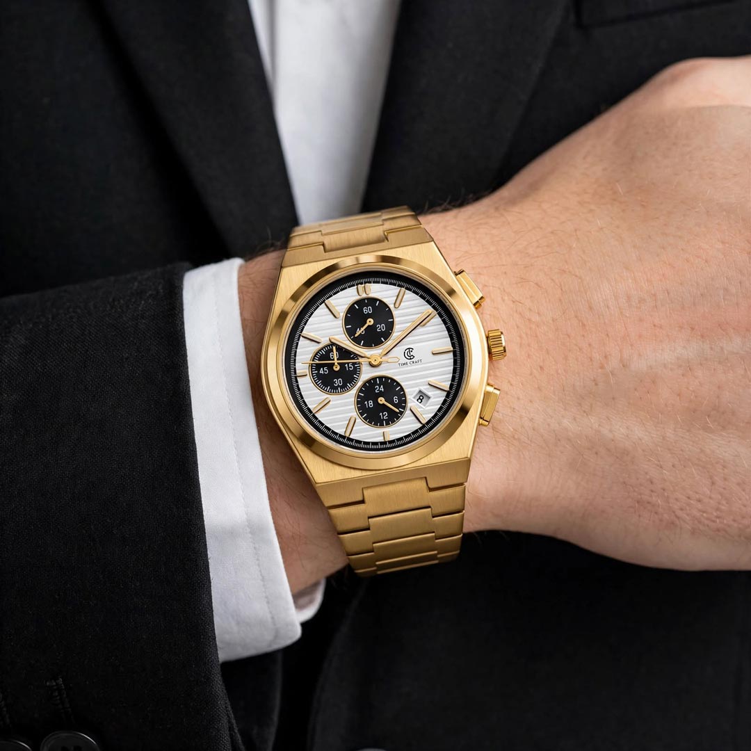 Time Craft PRX TC-1635GW Chronograph White Dial Gold Chain Watch