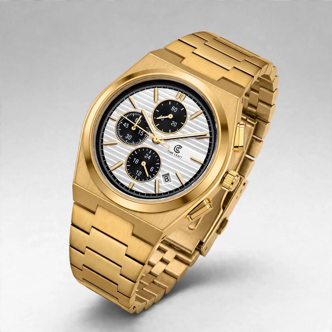 Time Craft PRX TC-1635GW Chronograph White Dial Gold Chain Watch