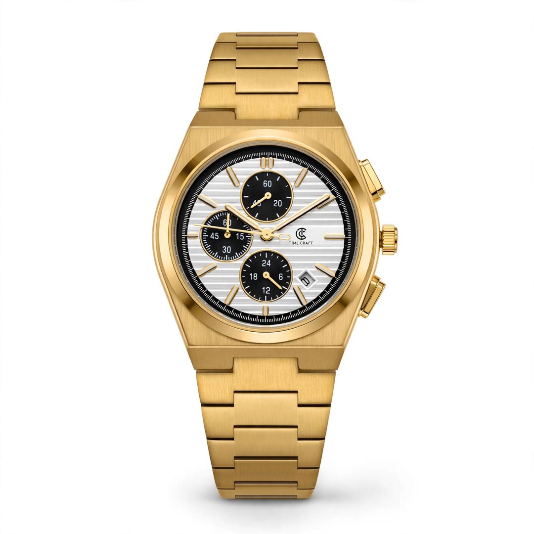 Time Craft PRX TC-1635GW Chronograph White Dial Gold Chain Watch