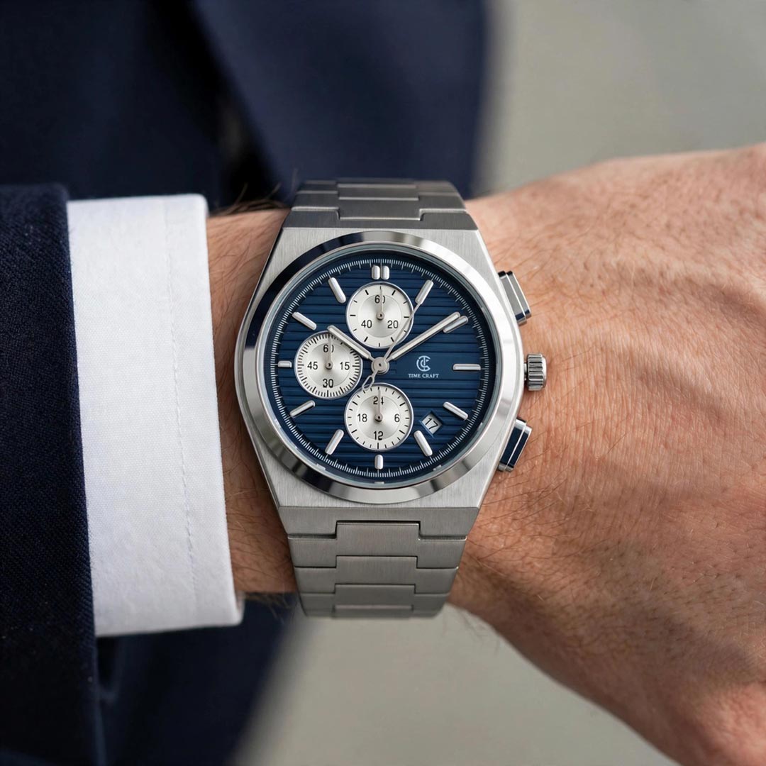 Time Craft PRX TC-1635SB Chronograph Blue Dial silver Chain Watch