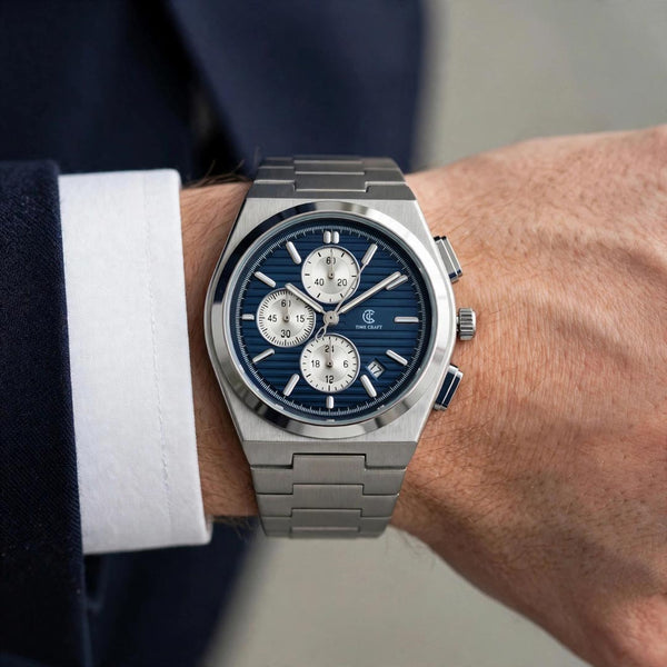 Time Craft PRX TC-1635SB Chronograph Blue Dial silver Chain Watch