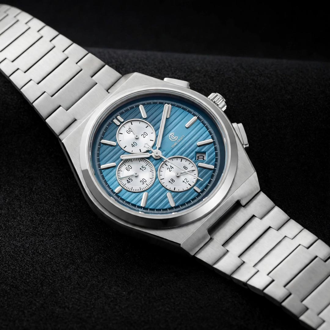 Time Craft PRX TC-1635-SS Chronograph Sky-blue Dial silver Chain Watch