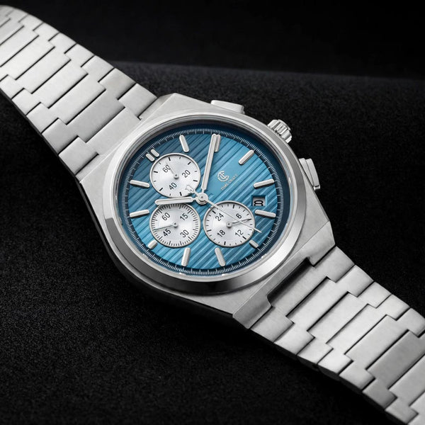 Time Craft PRX TC-1635-SS Chronograph Sky-blue Dial silver Chain Watch