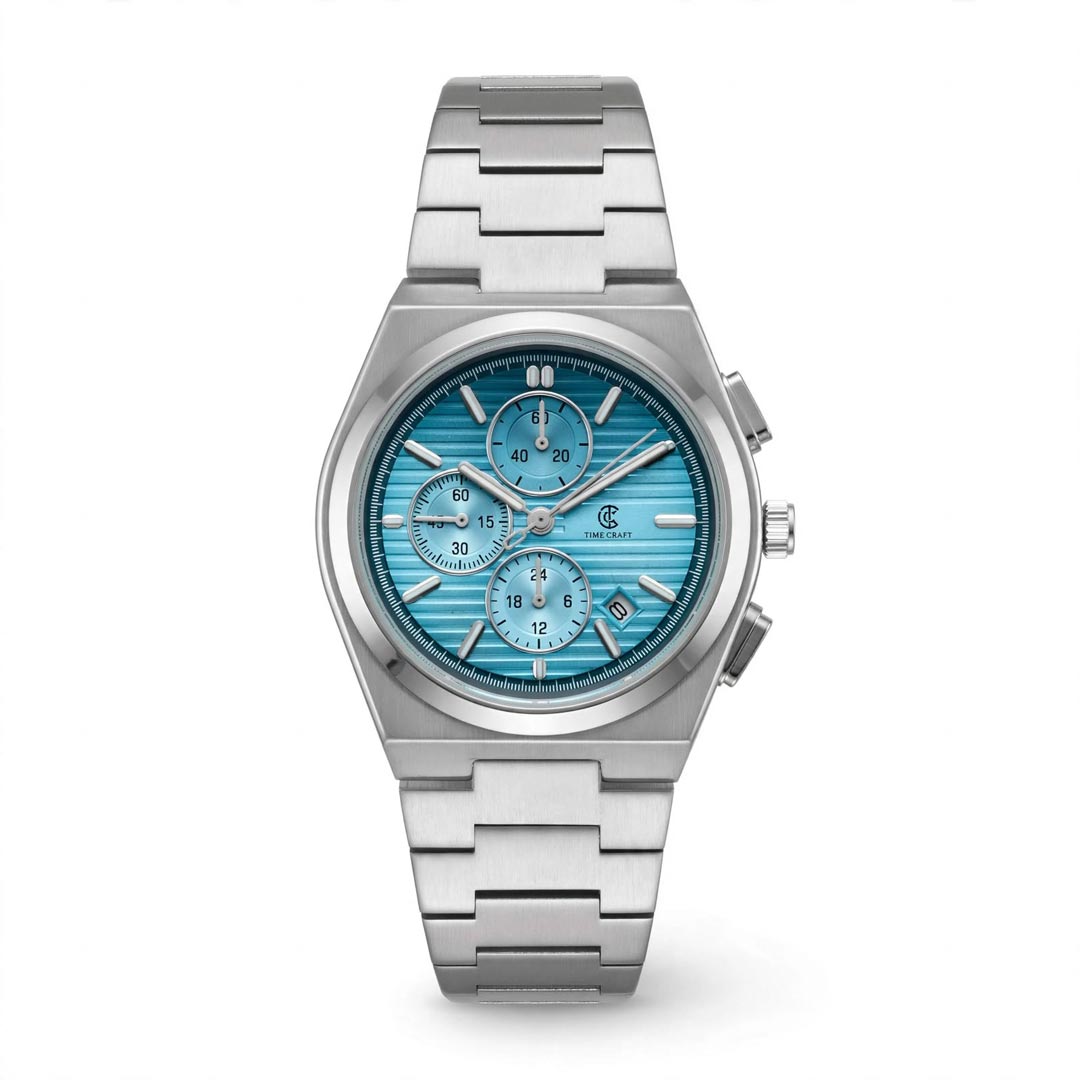Time Craft PRX TC-1635-SS Chronograph Sky-blue Dial silver Chain Watch
