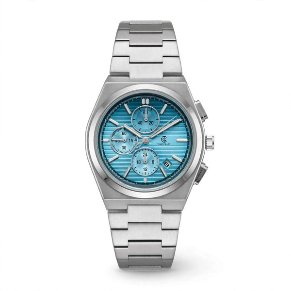 Time Craft PRX TC-1635-SS Chronograph Sky-blue Dial silver Chain Watch