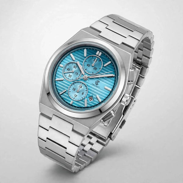 Time Craft PRX TC-1635-SS Chronograph Sky-blue Dial silver Chain Watch