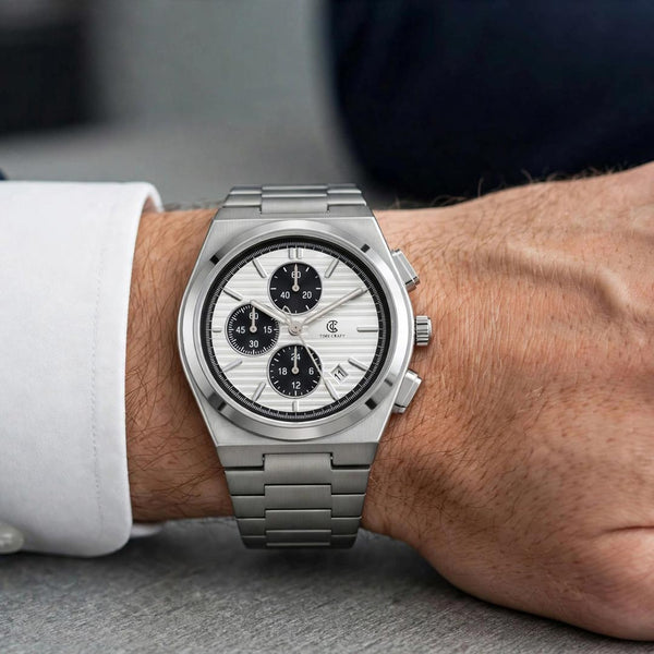 Time Craft PRX TC-1635-SWB Chronograph White Dial silver Chain Watch
