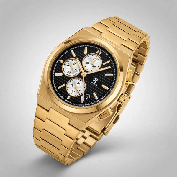 Time Craft PRX TC-1635 Chronograph Black Dial Gold Chain Watch - Emerald Watches