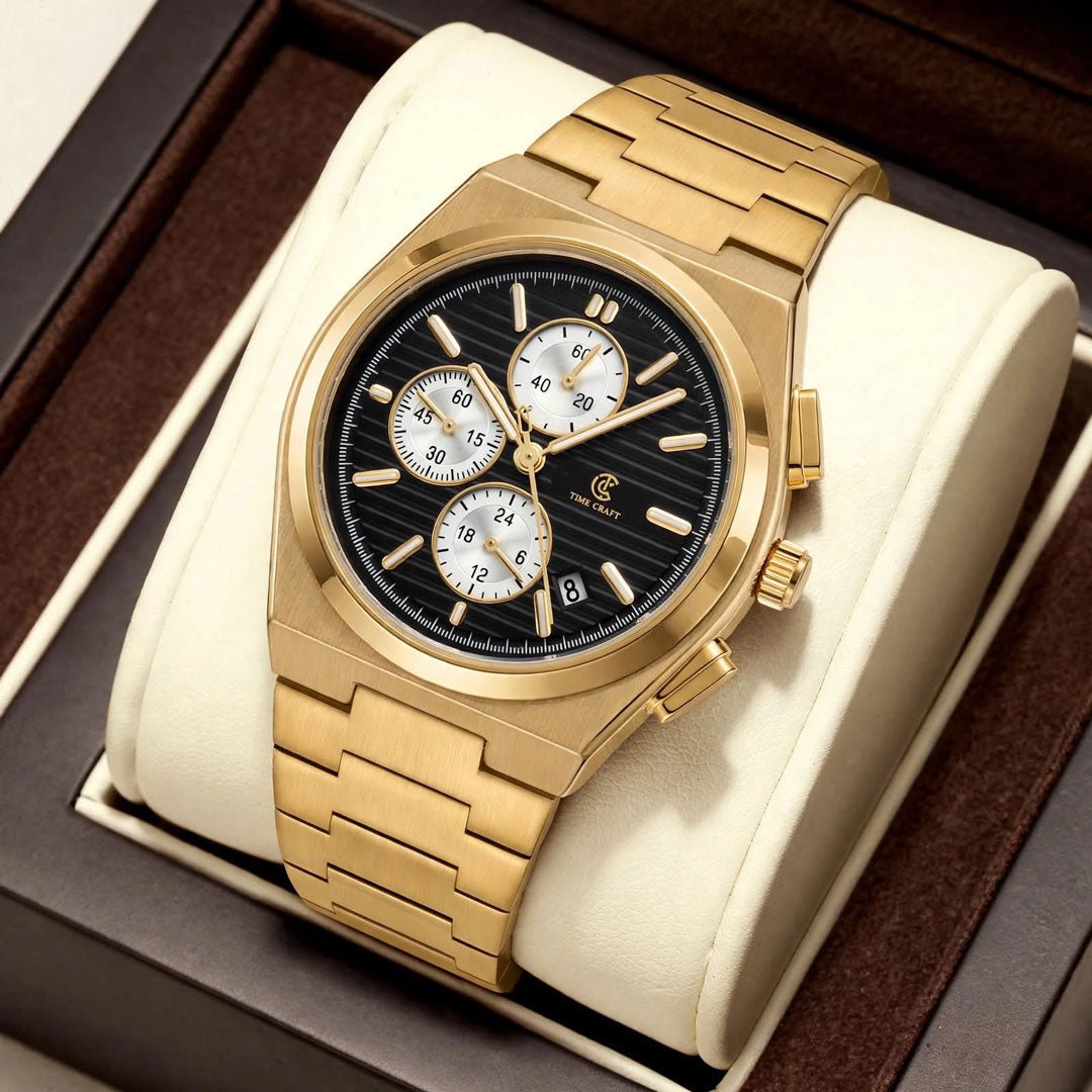 Time Craft PRX TC-1635 Chronograph Black Dial Gold Chain Watch - Emerald Watches Main image