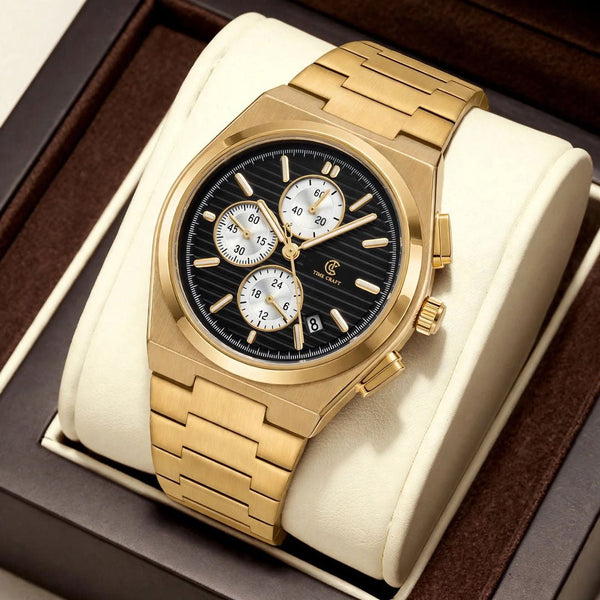 Time Craft PRX TC-1635 Chronograph Black Dial Gold Chain Watch - Emerald Watches