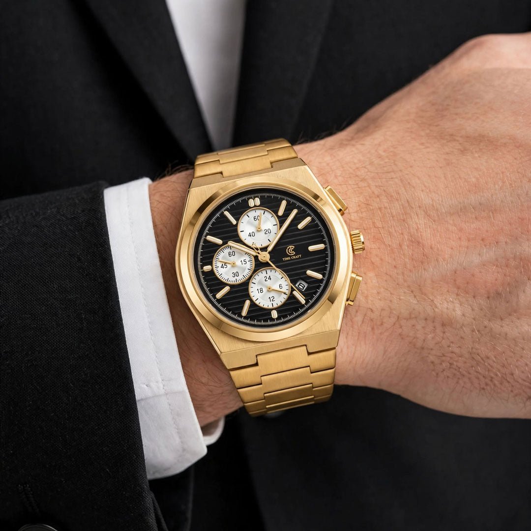 Time Craft PRX TC-1635 Chronograph Black Dial Gold Chain Watch - Emerald Watches