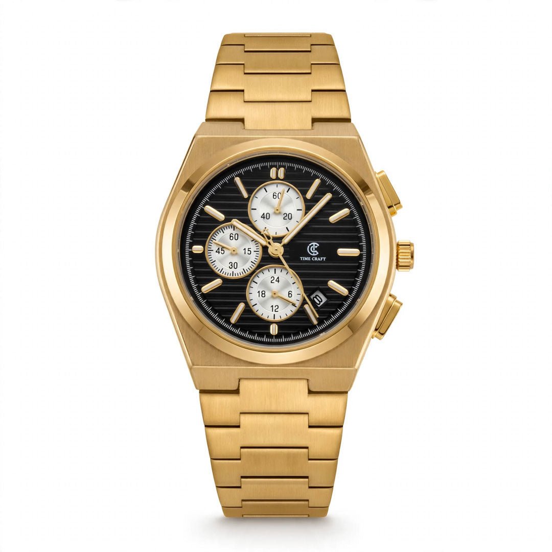 Time Craft PRX TC-1635 Chronograph Black Dial Gold Chain Watch - Emerald Watches