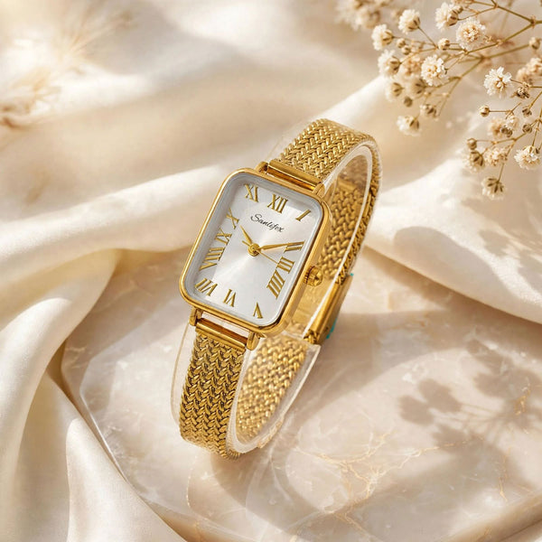 Sunlifex Women's Vintage Square Watch – Gold Mesh Strap